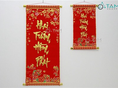 Liễn thư pháp Tết vải nhung Khai trương hồng phát số 18